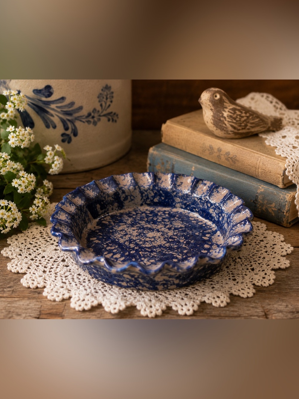 Vintage 1992 BBP Blue Spongeware Pottery Scalloped Trinket Dish Bowl Decor